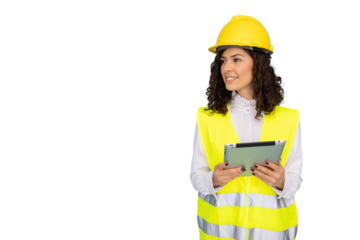 Professional female engineer wearing safety vest, hardhat, examining digital tablet against transparent backdrop