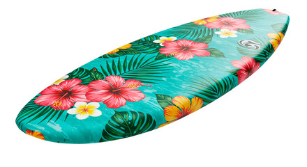 Beautifully designed surfboard with a vivid tropical flower pattern and a serene water-like base.