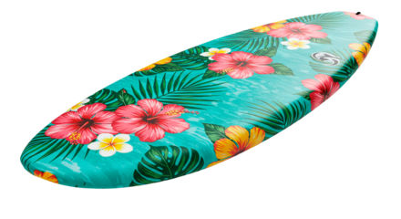 Beautifully designed surfboard with a vivid tropical flower pattern and a serene water-like base.