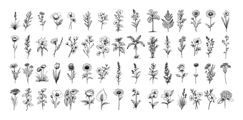 wildflower botanical sketch set with diverse species