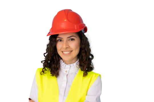 Confident female engineer smiling, wearing safety helmet and vest, isolated on transparent background, ready for work - Powered by Adobe