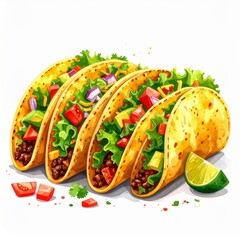 Three Delicious Tacos with Ground Beef, Lettuce, Tomato and Avocado