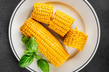 Corn cob boiled snack vegetables fresh tasty gourmet food background on the table rustic food top view copy space keto and paleo diet vegetarian and vegan food