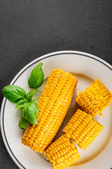 Corn cob boiled snack vegetables fresh tasty gourmet food background on the table rustic food top view copy space keto and paleo diet vegetarian and vegan food