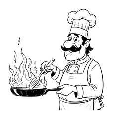 chef cooking with flaming pan hand drawn sketch