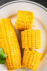 Corn cob boiled snack vegetables fresh tasty gourmet food background on the table rustic food top view copy space keto and paleo diet vegetarian and vegan food