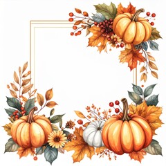 Autumn Watercolor Pumpkins and Leaves Frame