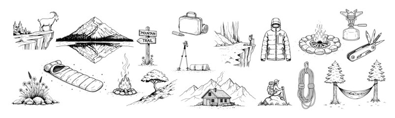 camping and hiking gear outdoor elements bundle sketch © Kaz