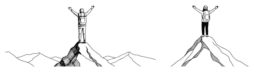 hiker standing on mountain peak victorious pose