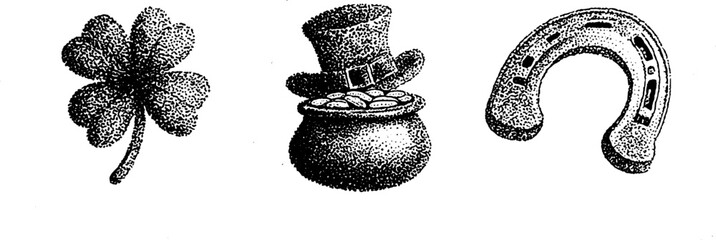 Stippling ink art collection: clover, leprechaun hat, pot of gold, horseshoe - detailed ink drawings for st. patrick's day design