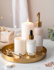 Spa Products on Gold Tray: White Candles, Cream Bottles