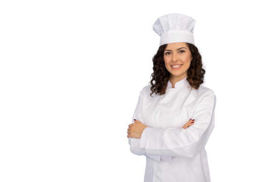Professional female chef standing confidently, arms crossed, white uniform and toque, isolated on transparent background - Powered by Adobe