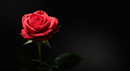 Fototapeta premium Close-up of a stunning red rose on a dark background, illuminated softly with a focus on details, capturing the petals' textures; evokes romance.
