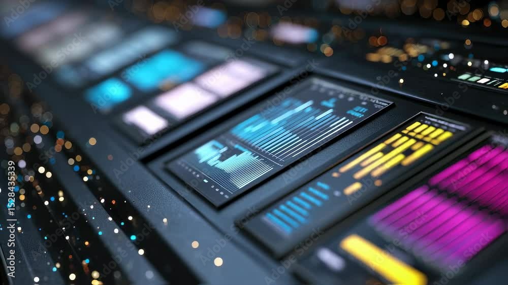 Aufkleber Complex data analysis and processing information are displayed on a futuristic control panel, with colorful indicators and dynamic graphs providing real time insights into system performance