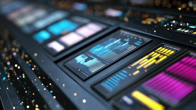Complex data analysis and processing information are displayed on a futuristic control panel, with colorful indicators and dynamic graphs providing real time insights into system performance - Powered by Adobe