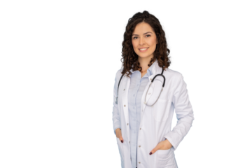 Confident female doctor smiling with stethoscope around neck and hands in pockets, on a transparent background
