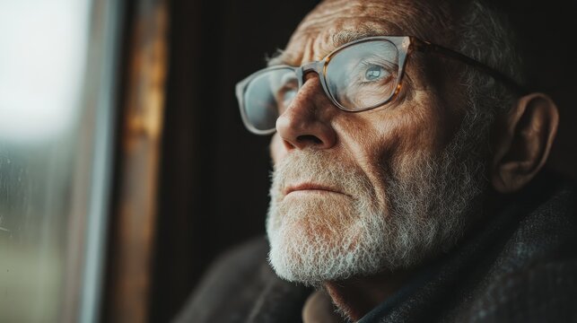 A contemplative elderly man with glasses gazes thoughtfully out a window, embodying a moment of reflection and introspection on life and memories. - Powered by Adobe