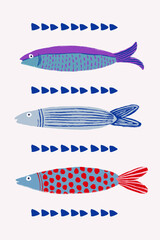 Sardinha azul, colorida, roxo, vermelho