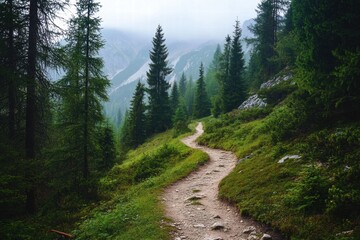 Narrow trail in alpine forest slope