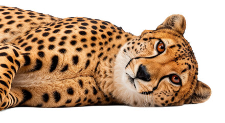 A stunning cheetah rests and gazes, showcasing its beautiful spotted fur and calm demeanor.