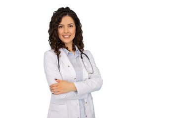 Female doctor wearing lab coat and stethoscope, crossing her arms and smiling on a transparent...