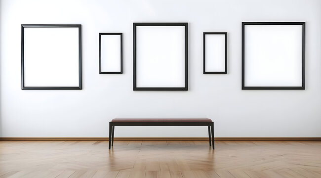 Galerie d'exposition d'art, &eacute;clairage vif d'un mur de blanc avec cadres vides, un banc au milieu et un sol en parquet en bois.