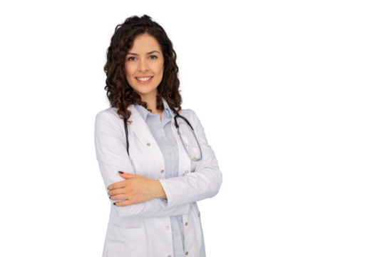 Female doctor wearing lab coat and stethoscope, crossing her arms and smiling on a transparent background