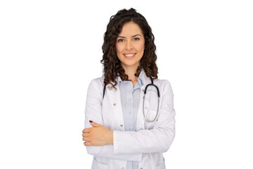 Confident female physician with curly hair, stethoscope, white medical coat, radiating professional warmth against neutral backdrop