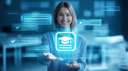 Smiling Adult Learner Holding Holographic a graduation cap – Online Education Success Concept