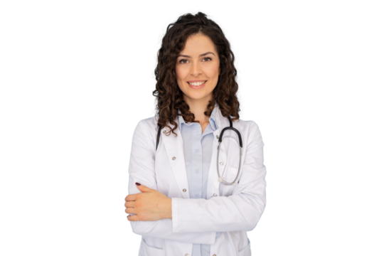 Confident female physician with curly hair, stethoscope, white medical coat, radiating professional warmth against neutral backdrop