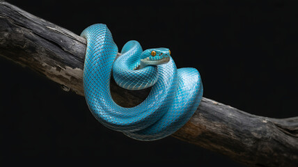 Obraz premium Vibrant Blue Insularis Pit Viper on Dark Wood Branch