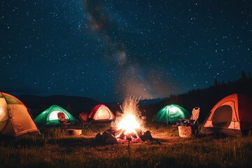 Naklejka premium A group of tents set up under the starry night sky, with campfires burning and sparks flying in front captures an adventurous camping experience with clear skies and warm light Generative AI