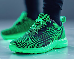 A close-up of black sneakers with glowing green grid patterns worn by a person standing on a tiled floor.