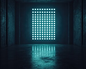 A dark, empty room illuminated by a glowing grid window casting light reflections on the textured floor and walls.
