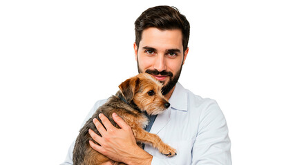 A caring veterinarian holds a small dog, showcasing a bond of trust and affection.
