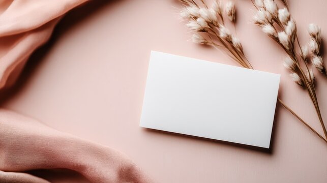 A pristine white business card lies elegantly on soft pink fabric, surrounded by delicate decorative elements, symbolizing professionalism and creativity in branding.