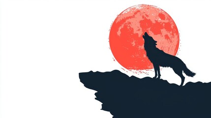 Minimalist Wolf Silhouette Howling on Rocky Ledge with Full Moon