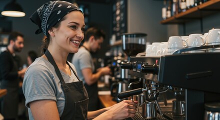 Smiling female barista with blue bandana preparing coffee at espresso machine in cafe. Hospitality industry, barista. Coffee culture, specialty beverage preparation. Customer service, cafe experience