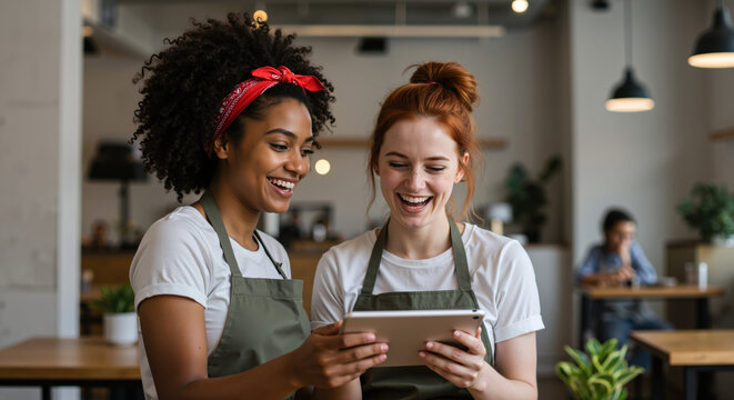Diverse female cafe workers looking at tablet with smiles. Small business teamwork and digital management. Coffee shop operations and staff collaboration. Hospitality industry and workplace friendship - Powered by Adobe