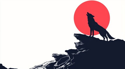 Wolf Silhouette Howling on Rocky Ledge with Full Red Moon