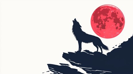 Majestic Wolf Silhouette on Rocky Ledge Under Full Red Moon