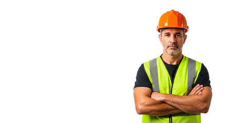 A serious construction worker stands with arms crossed, wearing a hard hat and safety vest, ready for work.