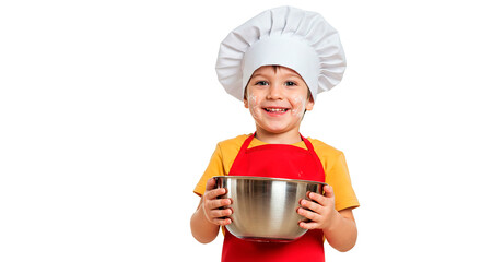 A joyful young chef smiles, covered in flour, ready for baking and cooking.