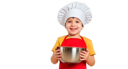 A joyful young chef smiles, covered in flour, ready for baking and cooking.