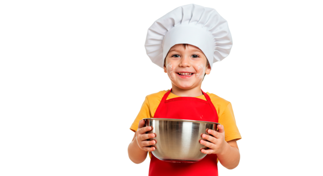 A joyful young chef smiles, covered in flour, ready for baking and cooking.