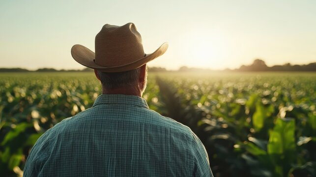 A contemplative man in a wide-brimmed hat gazes out over a cornfield during sunset, evoking feelings of reflection, optimism, and connection to the land.