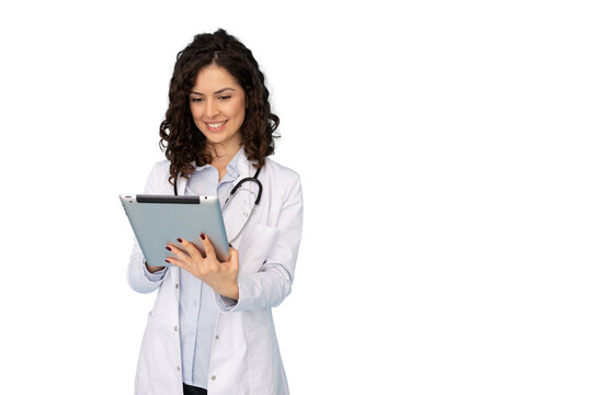 Female doctor wearing lab coat and stethoscope using digital tablet, isolated on transparent background