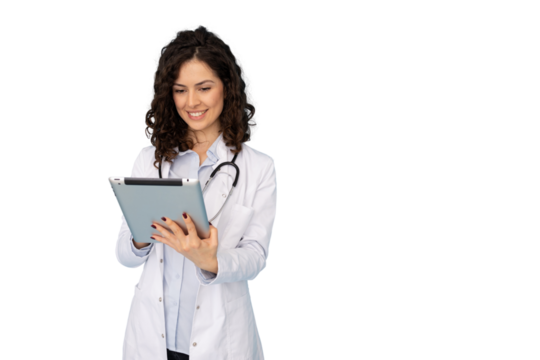 Female doctor wearing lab coat and stethoscope using digital tablet, isolated on transparent background