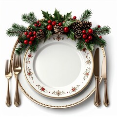 Elegant Christmas Table Setting with Red Berries and Pine