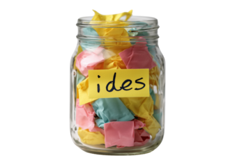 A glass jar filled with colorful paper notes labeled 'ides', perfect for inspiration and creativity.